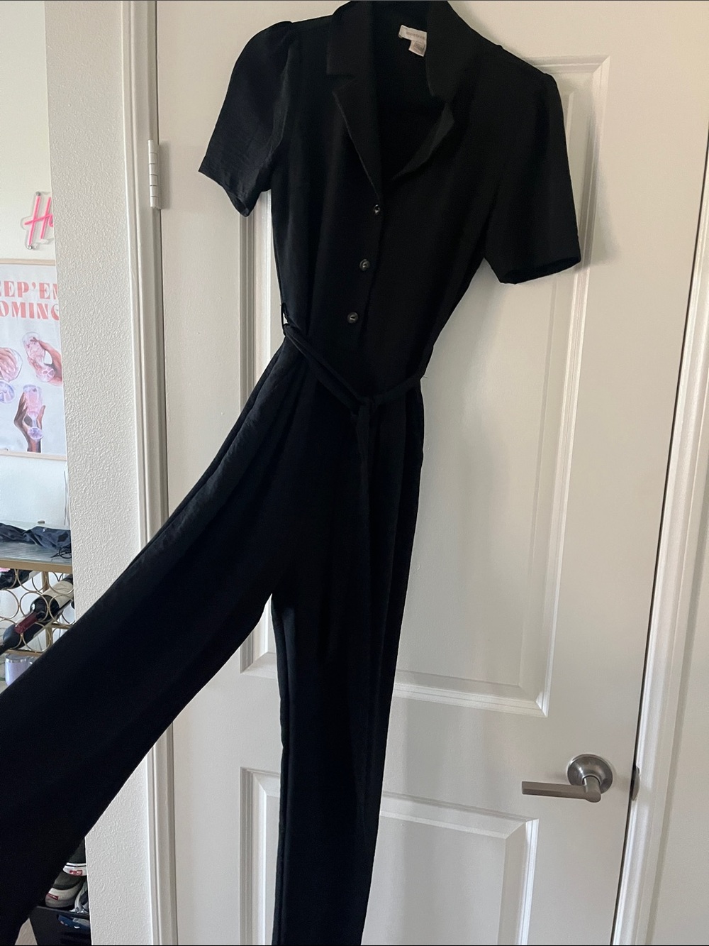 Monteau Black Short-Sleeve Button-Front Jumpsuit with Waist Tie